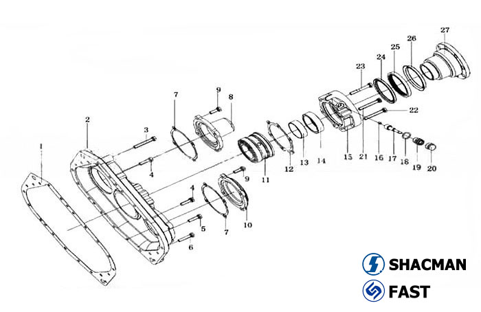 Rear cover case, SHACMAN Parts 12JS200T Gearbox Catalog